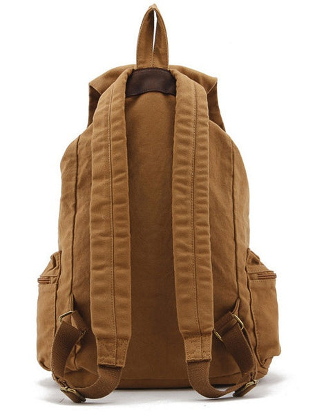 back view light brown military canvas & leather backpack 