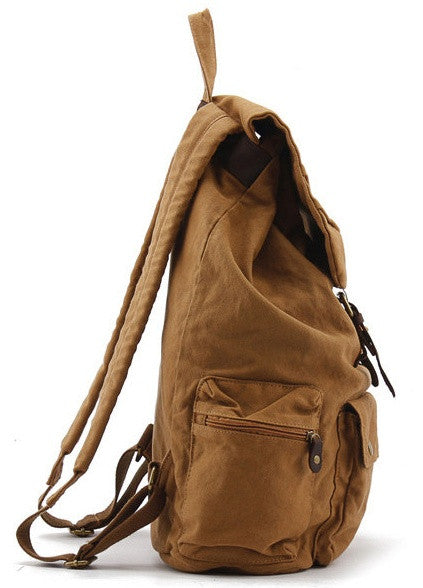 light brown military canvas & leather backpack - side view