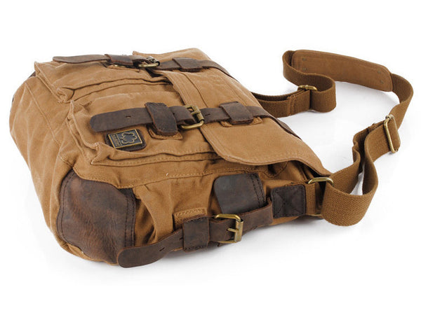 Brown Military Style Messenger Bag with Dual Leather Straps & Metal Buckles