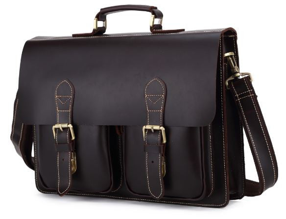Urban Dark Brown Convertible Organizer Leather Laptop Briefcase for Men with Adjustable Strap