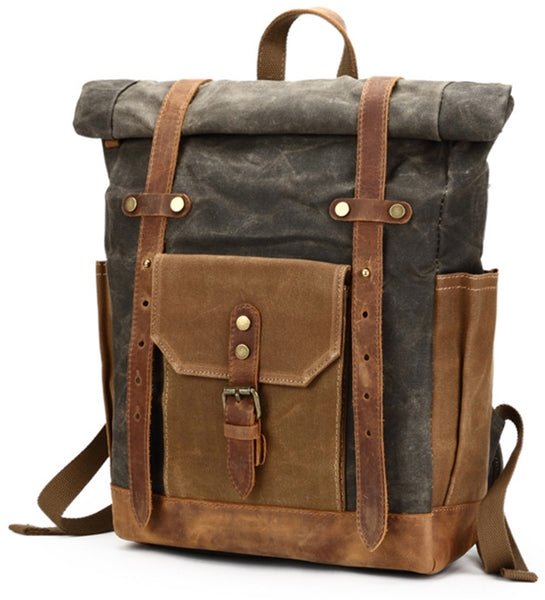 Waxed Canvas and Leather Backpack with Double Adjustable Straps for School, Work & Business