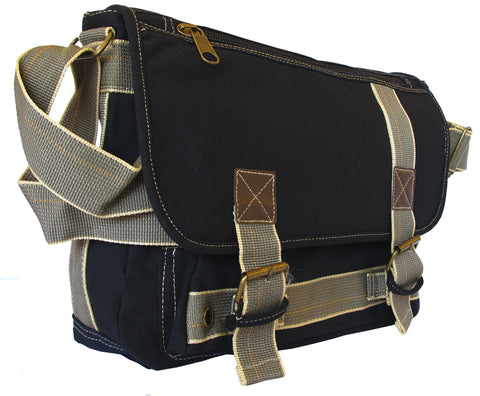 Retro Black Leather Canvas Messenger Bag - Angle