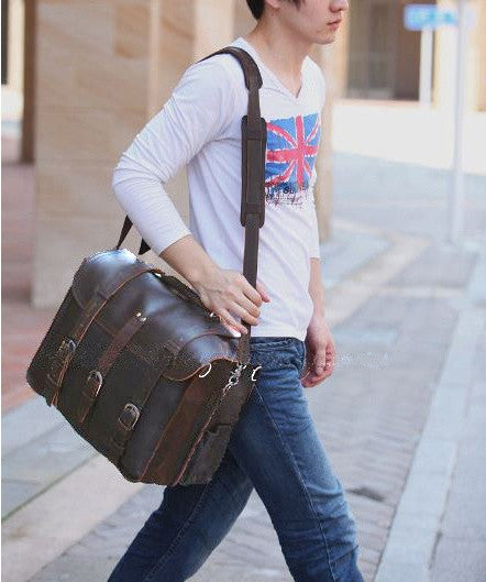 man wearing beautiful Selvaggio full grain leather briefcase