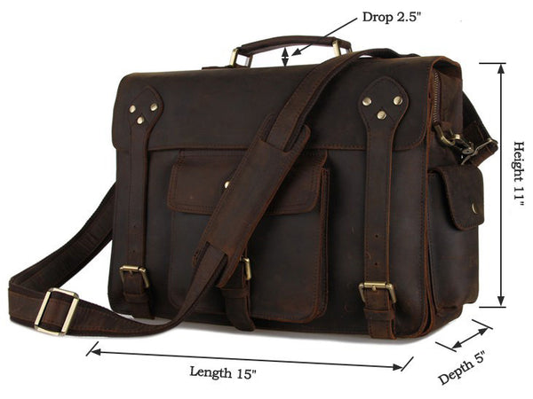 dimension details for the Business & Travel Large Solid Dark Brown Full Grain Leather Messenger Bag in Brass & Iron Details