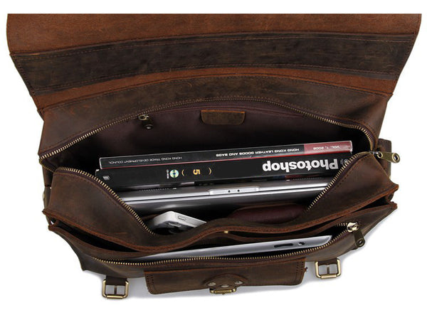 Business & Travel Large Solid Dark Brown Full Grain Leather Messenger Bag with books and personal objects