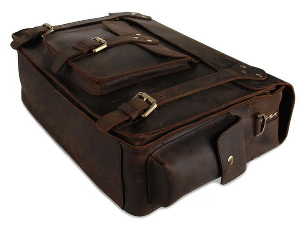 Business & Travel Large Solid Dark Brown Full Grain Leather Messenger Bag in Brass & Iron Details