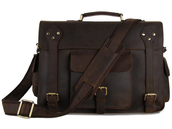 Business & Travel Large Solid Dark Brown Full Grain Leather Messenger Bag in Brass & Iron Details