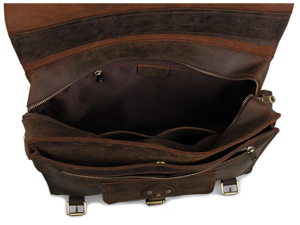 inside pockets of the Business & Travel Large Solid Dark Brown Full Grain Leather Messenger Bag 