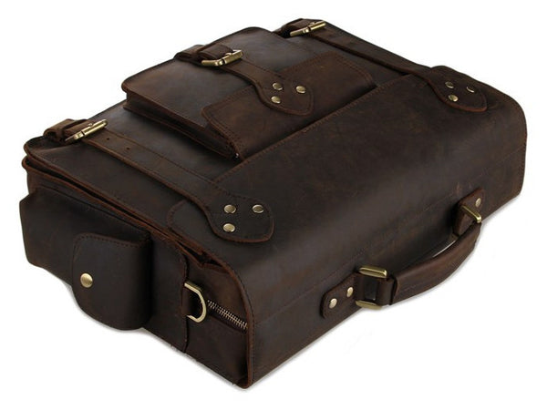 side view of the Business & Travel Large Solid Dark Brown Full Grain Leather Messenger Bag in Brass & Iron Details