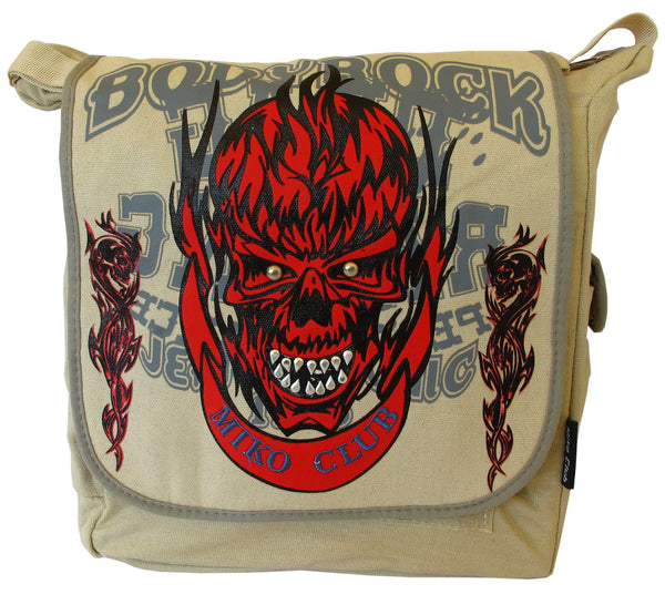 Skull in Flame Beige Canvas Messenger Bag - Serbags - 1