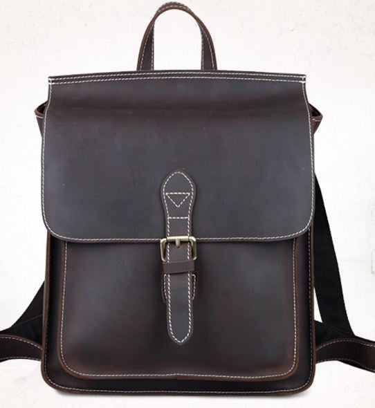 Dark Brown Student Leather Backpack Organizer Book Bag - Notebook