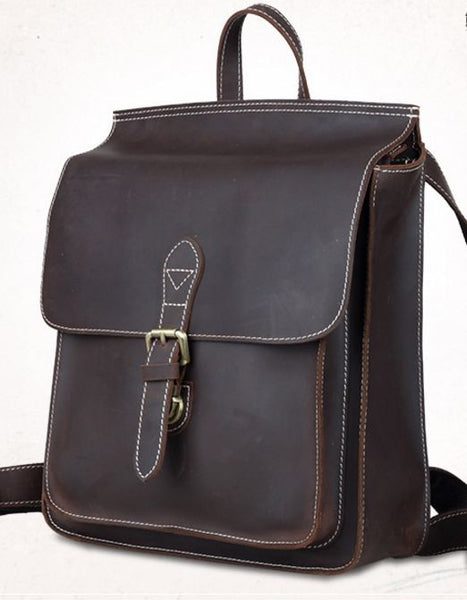 Dark Brown Student Leather Backpack Organizer Book Bag - Notebook