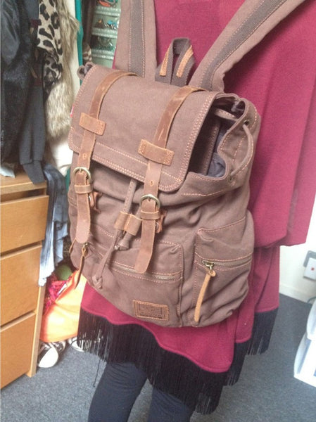 beautiful dark brown vintage canvas backpack