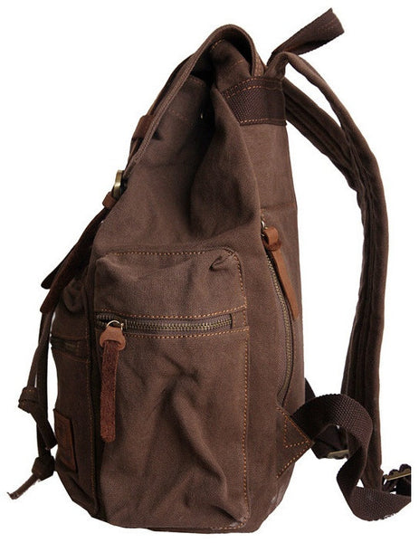 Side view -sturdy dark brown vintage hiking backpack by Serbags