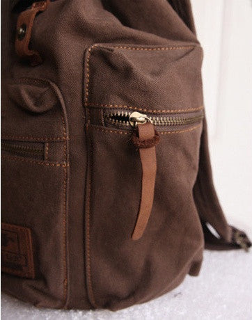 Zipper details - beautiful dark brown vintage canvas backpack