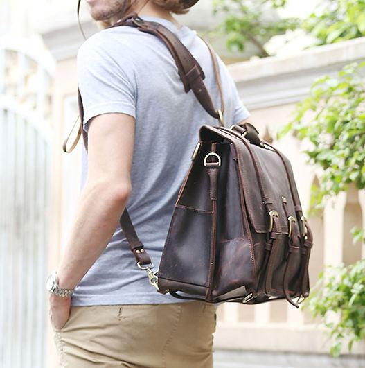 Solid Heavy Duty & Dark Brown Selvaggio Handmade Leather Briefcase with Metal Buckles