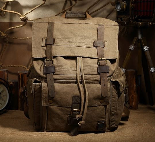 Large Olive Surplus Hiking Canvas Backpack with Leather Straps