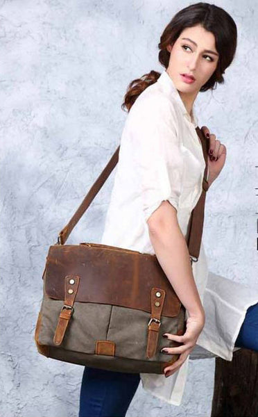 Vintage Style Canvas Leather Flap-over Messenger Bag with Brass Accents