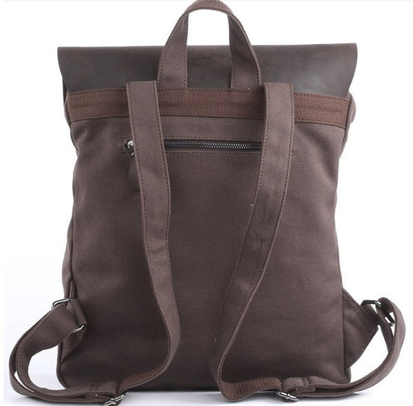 Back view of the brown vintage leather & canvas backpack