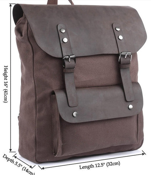Size chart for the dark brown vintage leather & canvas backpack