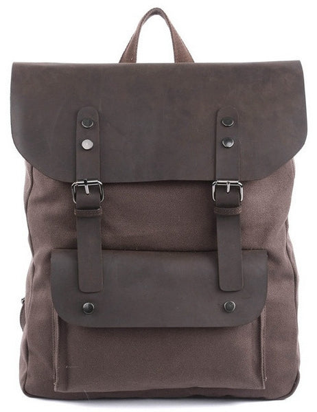 Front image of dark brown vintage casual canvas leather student backpack