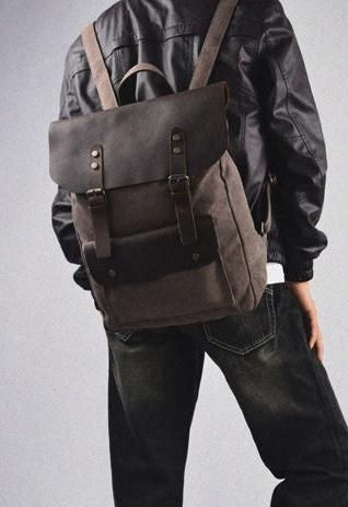 Man sporting the chocolate vintage leather & canvas backpack