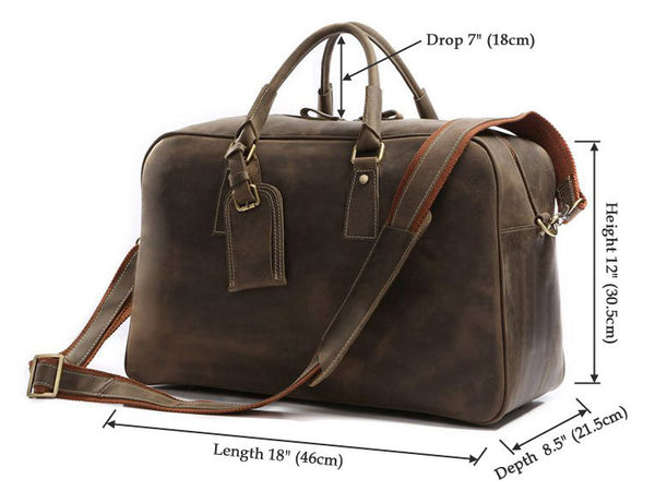 dimension details for the leather travel bag for men by Serbags