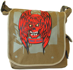 Winged Skull Design Black Canvas Messenger Bag - Front