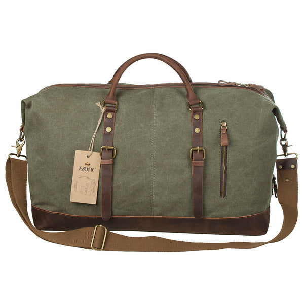 Men's Leather & Canvas Duffle Bag Vintage for Luggage, Travel, Weekender - Army Green