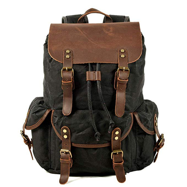 Genuine Leather Canvas Waterproof Vintage School And Travel Backpack