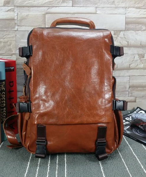 Leather Luxurious Flap-Over Backpack with Laptop Sleeve for School, Work & Outdoor Activities