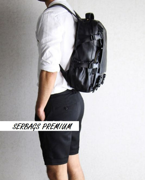 Leather Luxurious Flap-Over Backpack with Laptop Sleeve for School, Work & Outdoor Activities