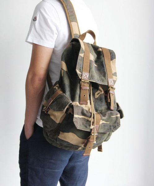 Heavy Duty & Full Canvas Camo Military Backpack with Leather Accents