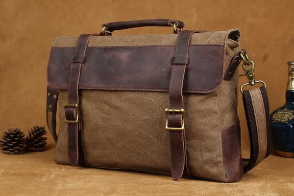 Leather Trimmed Vintage Canvas Messenger Bag