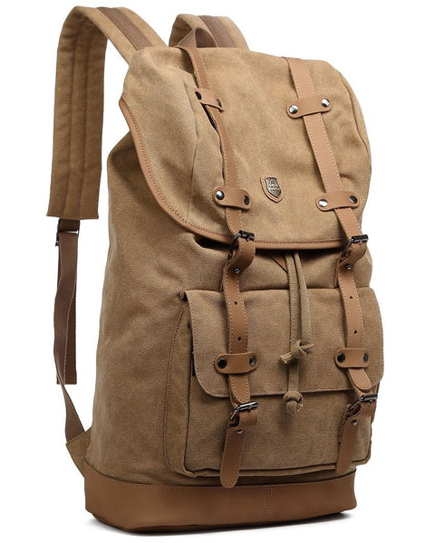 Canvas Daypack with Leather Straps & Laptop Sleeve - Premium Quality