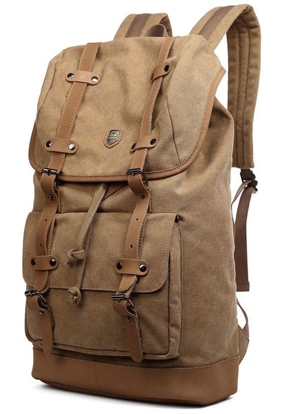 Side view of the Serbags light-brown canvas daypack