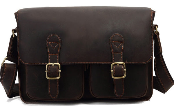 Dark Brown Solid Leather Rustic Messenger Bag work