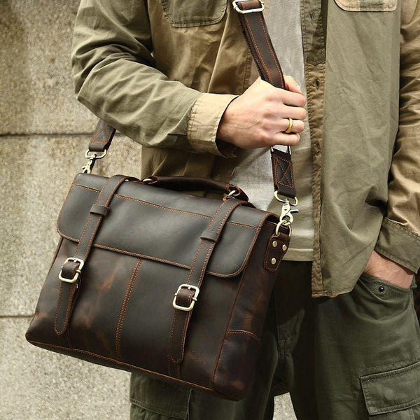 Premium Leather Messenger Briefcase in Orange Stitching and Metal Finishing