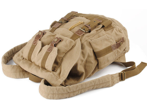 Top view of the Serbags light-brown military travel backpack