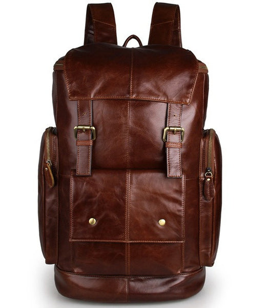 Fine Leather Multi-Pocket Travel Backpack