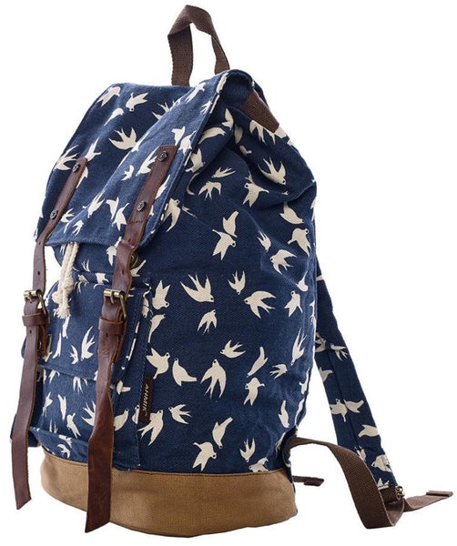 side view - dark blue dove art print school rucksack by Serbags