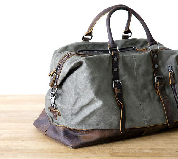 Men's Leather & Canvas Duffle Bag Vintage for Luggage, Travel, Weekender - Army Green