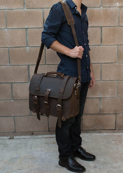 genuine leather Selvaggio briefcase & backpack worn by stylish man