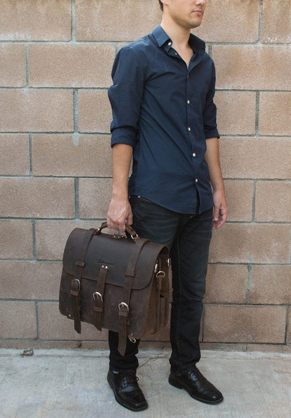 Stylish man wearing genuine leather Selvaggio briefcase & backpack