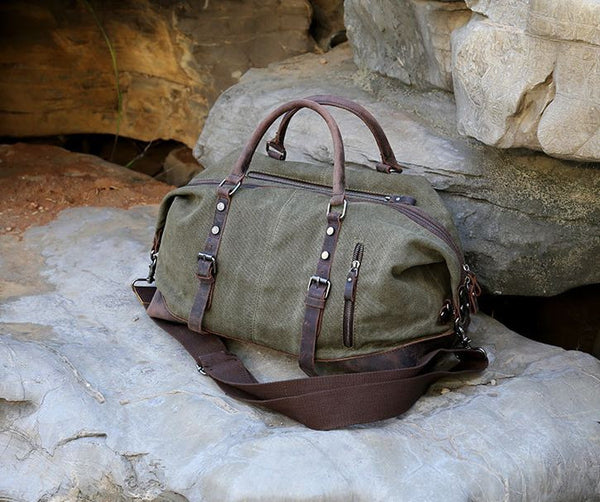 Men's Leather & Canvas Duffle Bag Vintage for Luggage, Travel, Weekender - Army Green