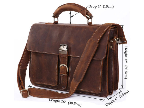 Italian Leather Men's Briefcase Laptop - Two Gusset Pockets