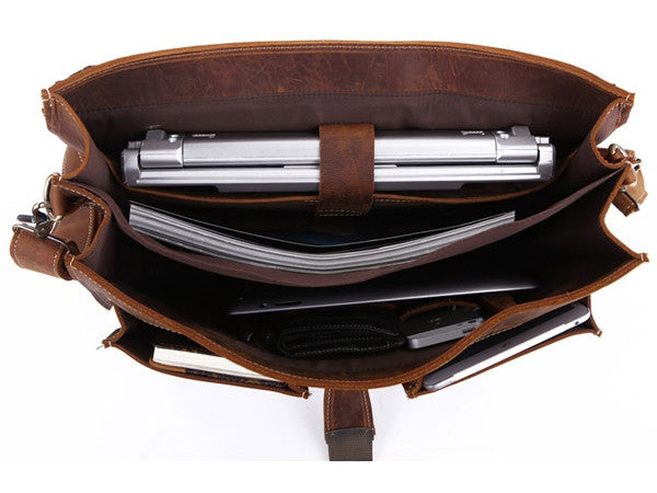 Italian Leather Men's Briefcase Laptop - Two Gusset Pockets