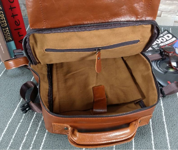 Leather Luxurious Flap-Over Backpack with Laptop Sleeve for School, Work & Outdoor Activities