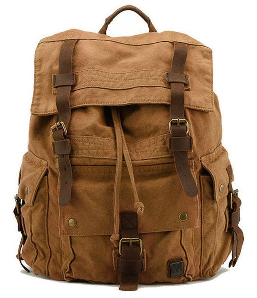 Front view of the Large Canvas Leather Hiking Outdoor Travel Backpack