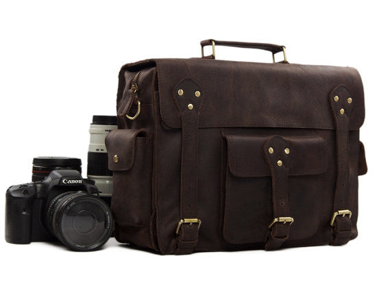 Business & Travel Large Solid Dark Brown Full Grain Leather Messenger Bag in Brass & Iron Details perspective